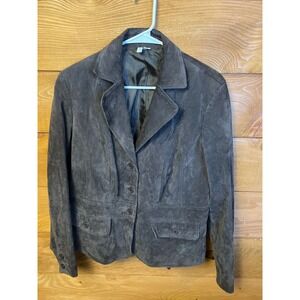 St Johns Bay Suede Leather Blazer Jacket Women Large Brown Button Front Layerin